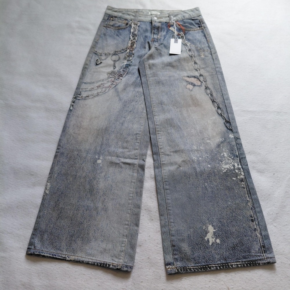 Fire Rain Women Baggy Jeans Size 7 Acid Wash Denim Low Rise Chain Y2K Street NWT
